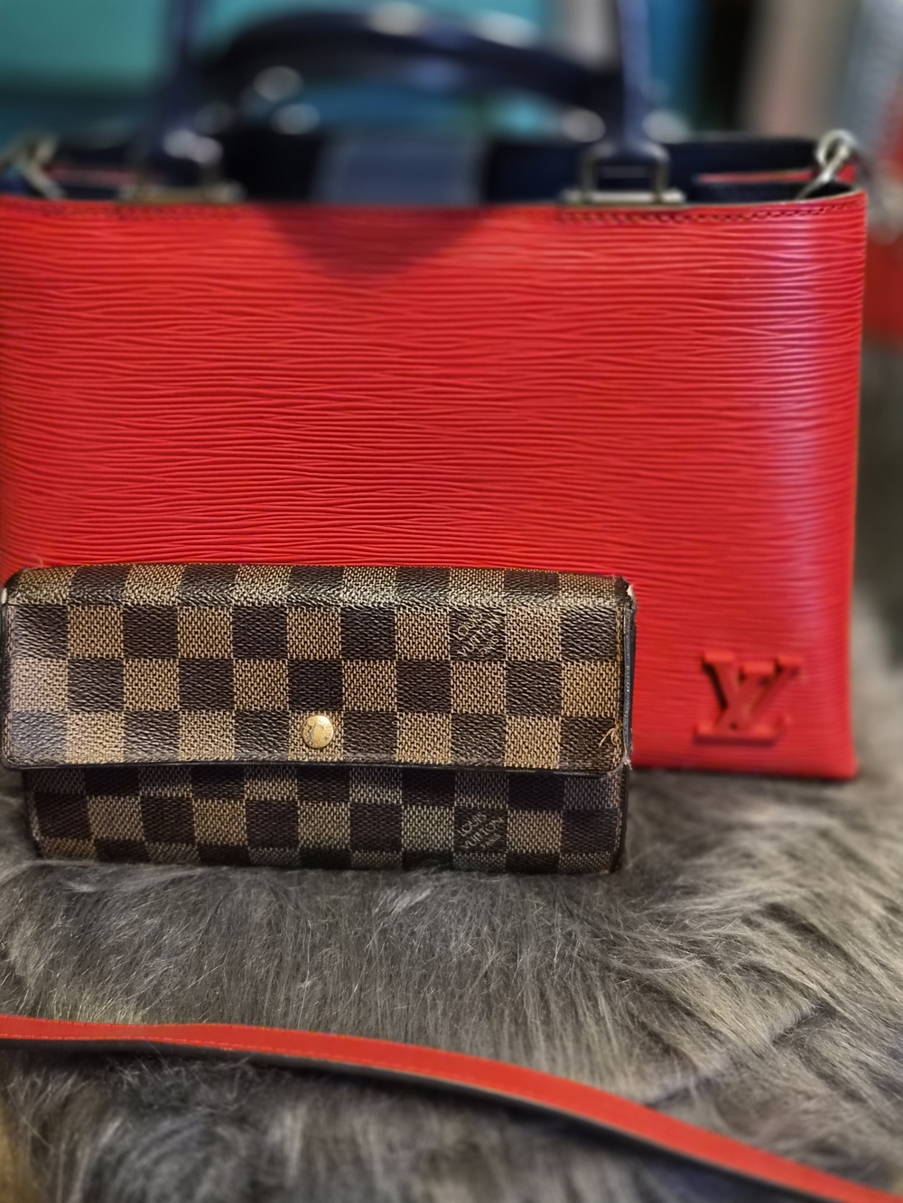 Louis Vuitton Red Epi Leather Tote with Brown Damier Wallet